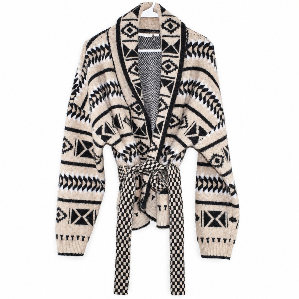 RD Style Conscious Geometric Tribal Belted Cardigan Sweater Beige Black Large